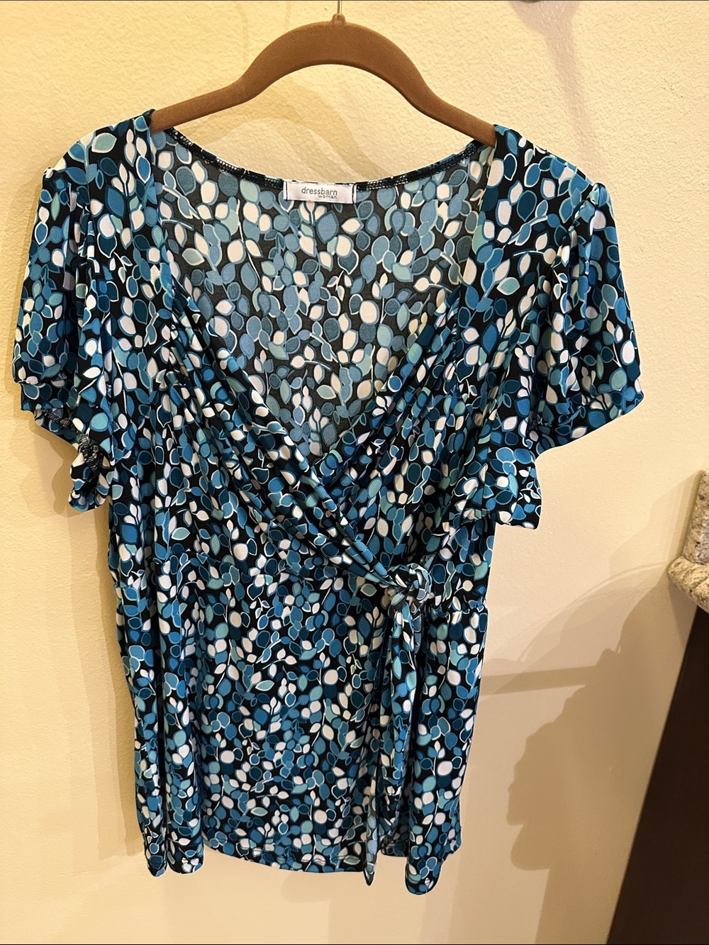 Dressbarn Blue & White on black Printed Wrap-Front Tunic 1X